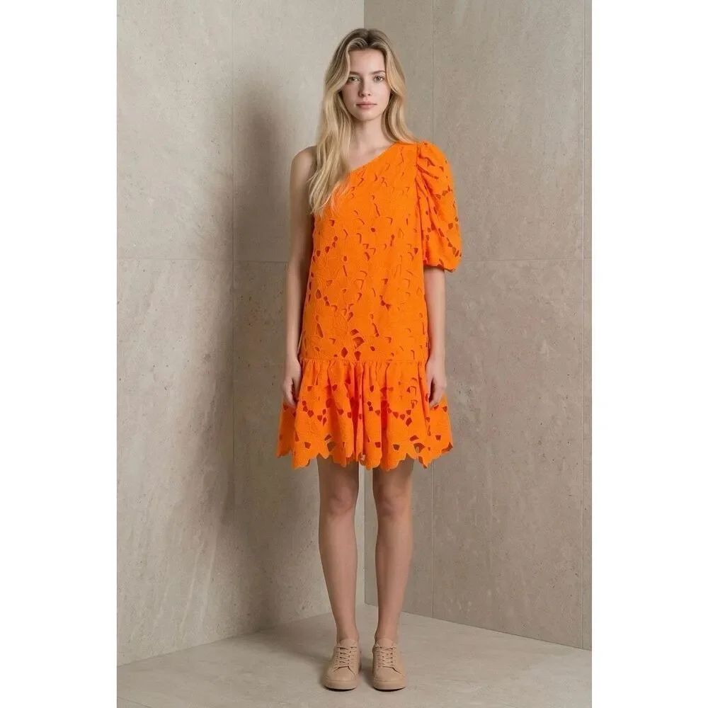 NWT Zac Posen One Shoulder Floral Embroidered Dress Apricot Orange Size 6 Puff S